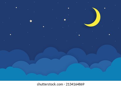 night sky with stars and moon. paper art style. Dreamy background with moon stars and clouds, abstract fantasy background. Half moon, stars and clouds on the dark night sky background.