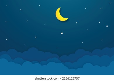 night sky with stars and moon. paper art style. Dreamy background with moon stars and clouds, abstract fantasy background. Half moon, stars and clouds on the dark night sky background.