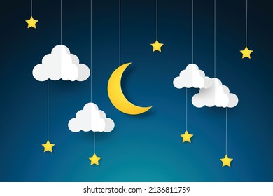 Night Sky With Stars And Moon. Paper Art Style. Dreamy Background With Moon Stars And Clouds, Abstract Fantasy Background. Half Moon, Stars And Clouds On The Dark Night Sky Background.