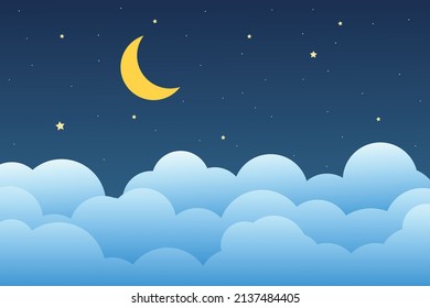 night sky with stars and moon. paper art style. Dreamy background with moon stars and clouds, abstract fantasy background. Half moon, stars and clouds on the dark night sky background.