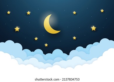 night sky with stars and moon. paper art style. Dreamy background with moon stars and clouds, abstract fantasy background. Half moon, stars and clouds on the dark night sky background.