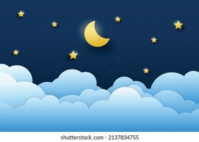 night sky with stars and moon. paper art style. Dreamy background with moon stars and clouds, abstract fantasy background. Half moon, stars and clouds on the dark night sky background.