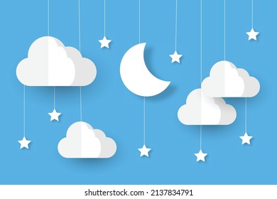 night sky with stars and moon. paper art style. Dreamy background with moon stars and clouds, abstract fantasy background. Half moon, stars and clouds on the dark night sky background.