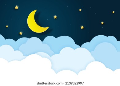 night sky with stars and moon. paper art style. Dreamy background with moon stars and clouds, abstract fantasy background. Half moon, stars and clouds on the dark night sky background.