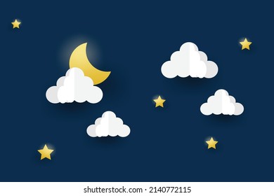 night sky with stars and moon. paper art style. Dreamy background with moon stars and clouds, abstract fantasy background. Half moon, stars and clouds on the dark night sky background.