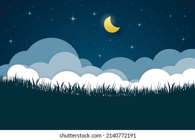 night sky with stars and moon. paper art style. Dreamy background with moon stars and clouds, abstract fantasy background. Half moon, stars and clouds on the dark night sky background.