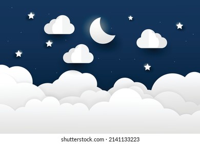 night sky with stars and moon. paper art style. Dreamy background with moon stars and clouds, abstract fantasy background. Half moon, stars and clouds on the dark night sky background.