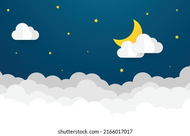 night sky with stars and moon. paper art style. Dreamy background with moon stars and clouds, abstract fantasy background. Half moon, stars and clouds on the dark night sky background.
