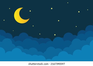 night sky with stars and moon. paper art style. Dreamy background with moon stars and clouds, abstract fantasy background. Half moon, stars and clouds on the dark night sky background.