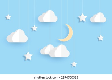 night sky with stars and moon. paper art style. Dreamy background with moon stars and clouds, abstract fantasy background. Half moon, stars and clouds on the dark night sky background.