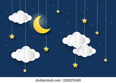 night sky with stars and moon. paper art style. Dreamy background with moon stars and clouds, abstract fantasy background. Half moon, stars and clouds on the dark night sky background.