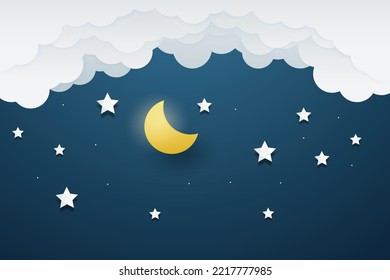 night sky with stars and moon. paper art style. Dreamy background with moon stars and clouds, abstract fantasy background. Half moon, stars and clouds on the dark night sky background.