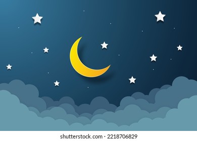 night sky with stars and moon. paper art style. Dreamy background with moon stars and clouds, abstract fantasy background. Half moon, stars and clouds on the dark night sky background.