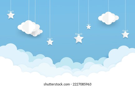 night sky with stars and moon. paper art style. Dreamy background with moon stars and clouds, abstract fantasy background. Half moon, stars and clouds on the dark night sky background.