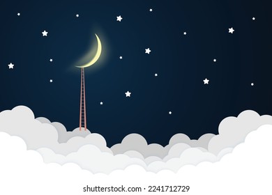 night sky with stars and moon. paper art style. Dreamy background with moon stars and clouds, abstract fantasy background. Half moon, stars and clouds on the dark night sky background.