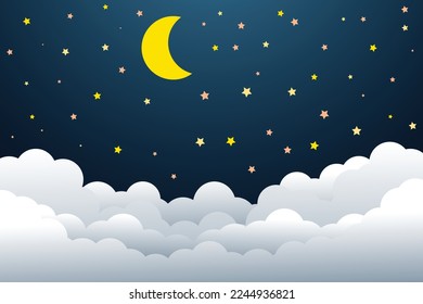 night sky with stars and moon. paper art style. Dreamy background with moon stars and clouds, abstract fantasy background. Half moon, stars and clouds on the dark night sky background.