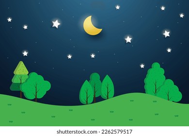 night sky with stars and moon. paper art style. Dreamy background with moon stars and clouds, abstract fantasy background. Half moon, stars and clouds on the dark night sky background.