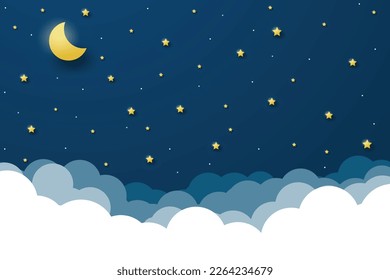 cielo nocturno con estrellas y luna. estilo de arte de papel. Sueño fondo con estrellas de luna y nubes, fondo de fantasía abstracto. Media luna, estrellas y nubes en el oscuro fondo del cielo nocturno.