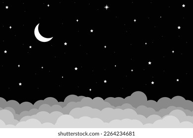 night sky with stars and moon. paper art style. Dreamy background with moon stars and clouds, abstract fantasy background. Half moon, stars and clouds on the dark night sky background.