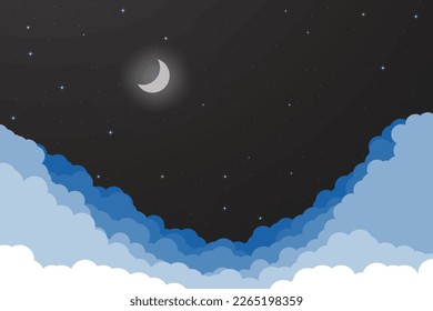 night sky with stars and moon. paper art style. Dreamy background with moon stars and clouds, abstract fantasy background. Half moon, stars and clouds on the dark night sky background.