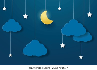 night sky with stars and moon. paper art style. Dreamy background with moon stars and clouds, abstract fantasy background. Half moon, stars and clouds on the dark night sky background.