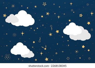 night sky with stars and moon. paper art style. Dreamy background with moon stars and clouds, abstract fantasy background. Half moon, stars and clouds on the dark night sky background.