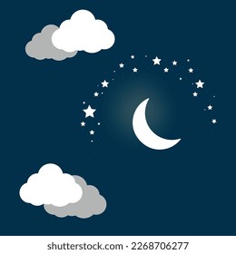 night sky with stars and moon. paper art style. Dreamy background with moon stars and clouds, abstract fantasy background. Half moon, stars and clouds on the dark night sky background.