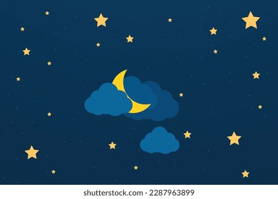 night sky with stars and moon. paper art style. Dreamy background with moon stars and clouds, abstract fantasy background. Half moon, stars and clouds on the dark night sky background.