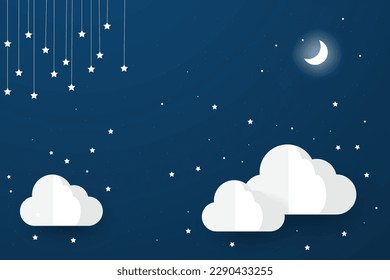 night sky with stars and moon. paper art style. Dreamy background with moon stars and clouds, abstract fantasy background. Half moon, stars and clouds on the dark night sky background.