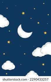 night sky with stars and moon. paper art style. Dreamy background with moon stars and clouds, abstract fantasy background. Half moon, stars and clouds on the dark night sky background.