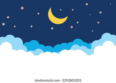 night sky with stars and moon. paper art style. Dreamy background with moon stars and clouds, abstract fantasy background. Half moon, stars and clouds on the dark night sky background. 