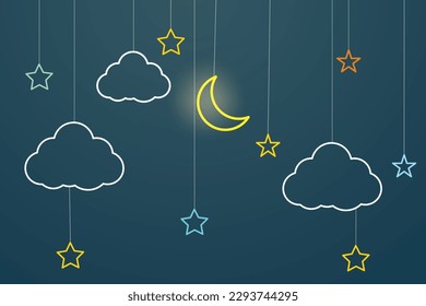 night sky with stars and moon. paper art style. Dreamy background with moon stars and clouds, abstract fantasy background. Half moon, stars and clouds on the dark night sky background.