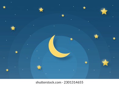night sky with stars and moon. paper art style. Dreamy background with moon stars and clouds, abstract fantasy background. Half moon, stars and clouds on the dark night sky background.
