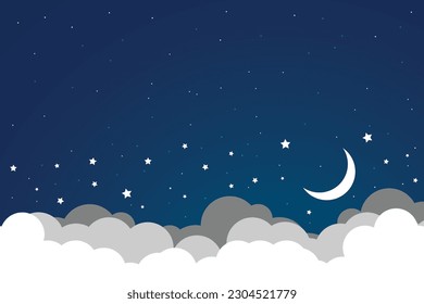 night sky with stars and moon. paper art style. Dreamy background with moon stars and clouds, abstract fantasy background. Half moon, stars and clouds on the dark night sky background.