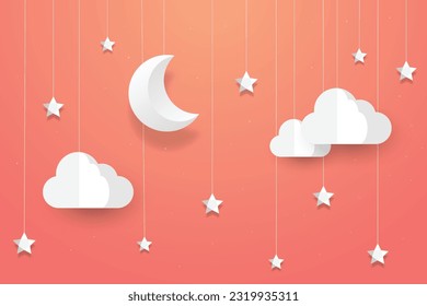 night sky with stars and moon. paper art style. Dreamy background with moon stars and clouds, abstract fantasy background. Half moon, stars and clouds on the dark night sky background.