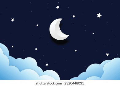 night sky with stars and moon. paper art style. Dreamy background with moon stars and clouds, abstract fantasy background. Half moon, stars and clouds on the dark night sky background.