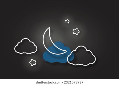 night sky with stars and moon. paper art style. Dreamy background with moon stars and clouds, abstract fantasy background. Half moon, stars and clouds on the dark night sky background.