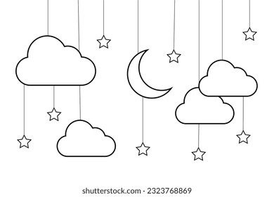 night sky with stars and moon. paper art style. Dreamy background with moon stars and clouds, abstract fantasy background. Half moon, stars and clouds on the dark night sky background.