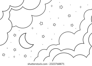 night sky with stars and moon. paper art style. Dreamy background with moon stars and clouds, abstract fantasy background. Half moon, stars and clouds on the dark night sky background.