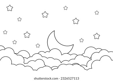 night sky with stars and moon. paper art style. Dreamy background with moon stars and clouds, abstract fantasy background. Half moon, stars and clouds on the dark night sky background.