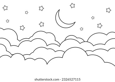 night sky with stars and moon. paper art style. Dreamy background with moon stars and clouds, abstract fantasy background. Half moon, stars and clouds on the dark night sky background.