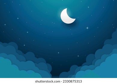 night sky with stars and moon. paper art style. Dreamy background with moon stars and clouds, abstract fantasy background. Half moon, stars and clouds on the dark night sky background.