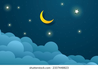 night sky with stars and moon. paper art style. Dreamy background with moon stars and clouds, abstract fantasy background. Half moon, stars and clouds on the dark night sky background.