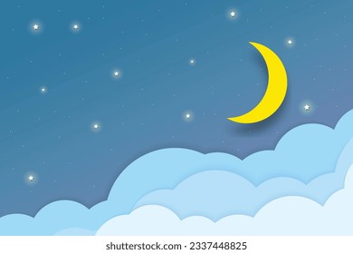 night sky with stars and moon. paper art style. Dreamy background with moon stars and clouds, abstract fantasy background. Half moon, stars and clouds on the dark night sky background.