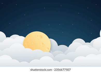 night sky with stars and moon. paper art style. Dreamy background with moon stars and clouds, abstract fantasy background. Half moon, stars and clouds on the dark night sky background.