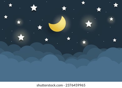 night sky with stars and moon. paper art style. Dreamy background with moon stars and clouds, abstract fantasy background. Half moon, stars and clouds on the dark night sky background.