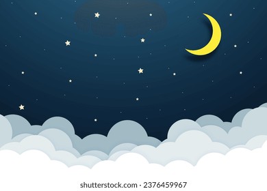 night sky with stars and moon. paper art style. Dreamy background with moon stars and clouds, abstract fantasy background. Half moon, stars and clouds on the dark night sky background.