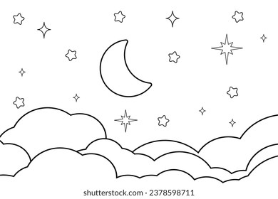 night sky with stars and moon. paper art style. Dreamy background with moon stars and clouds, abstract fantasy background. Half moon, stars and clouds on the dark night sky background. coloring book