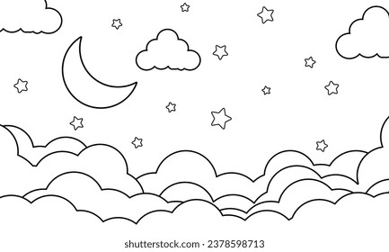 night sky with stars and moon. paper art style. Dreamy background with moon stars and clouds, abstract fantasy background. Half moon, stars and clouds on the dark night sky background. coloring book