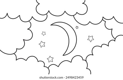 night sky with stars and moon. paper art style. Dreamy background with moon stars and clouds, abstract fantasy background. Half moon, stars and clouds on the dark night sky background.